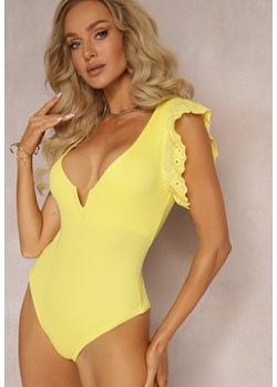 Żółte Body z Wycięciem i Falbankami z Haftem Eshawn ze sklepu Renee odzież w kategorii Bluzki damskie - zdjęcie 161642589