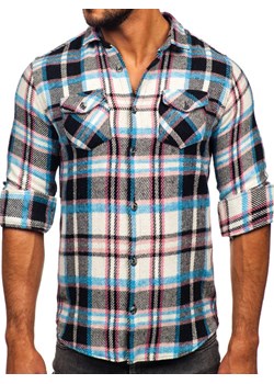 Niebiesko-różowa koszula męska flanelowa w kratę z długim rękawem Bolf 22704 ze sklepu Denley w kategorii Koszule męskie - zdjęcie 161645759