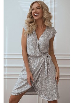 GLOW Sukienka cekinowa midi w kolorze srebrnym kopertowa, Kolor srebrny, Rozmiar S/M, PRIMODO ze sklepu Primodo w kategorii Sukienki - zdjęcie 161650709