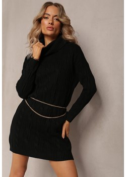 Czarna Mini Sukienka ze Sweterkowej Dzianiny z Szerokim Golfem i Ściągaczami Jilenma ze sklepu Renee odzież w kategorii Sukienki - zdjęcie 161666986