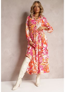 Pomarańczowa Plisowana Sukienka Maxi w Kwiaty z Wiązanym Paskiem Marleen ze sklepu Renee odzież w kategorii Sukienki - zdjęcie 161683597