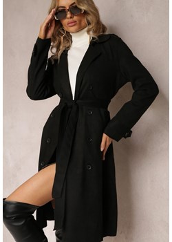 Czarny Dwurzędowy Płaszcz z Materiałowym Paskiem i Kieszeniami Ellanes ze sklepu Renee odzież w kategorii Płaszcze damskie - zdjęcie 161694997