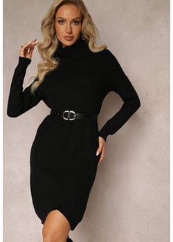Czarna Sukienka ze Sweterkowej Dzianiny z Golfem i Wycięciem na Dole Weronitte ze sklepu Renee odzież w kategorii Sukienki - zdjęcie 161695017