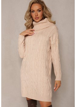 Beżowa Mini Sukienka ze Sweterkowej Dzianiny z Szerokim Golfem i Ściągaczami Jilenma ze sklepu Renee odzież w kategorii Sukienki - zdjęcie 161767265