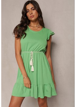 Zielona Sukienka o Rozkloszowanym Fasonie z Bawełny Ozdobiona Falbankami Kadan ze sklepu Renee odzież w kategorii Sukienki - zdjęcie 161769145