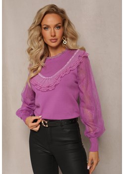 Fioletowy Wiskozowy Sweter z Transparentnymi Rękawami i Perełkami Solinne ze sklepu Renee odzież w kategorii Swetry damskie - zdjęcie 161772417