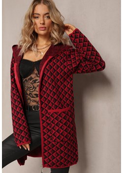 Bordowy Kardigan Zapinany na Suwak z Kieszeniami w Geometryczny Wzór Jaquelineme ze sklepu Renee odzież w kategorii Swetry damskie - zdjęcie 161822766