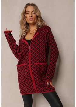 Bordowy Kardigan Zapinany na Suwak z Kieszeniami w Geometryczny Wzór Jaquelineme ze sklepu Renee odzież w kategorii Swetry damskie - zdjęcie 161822767