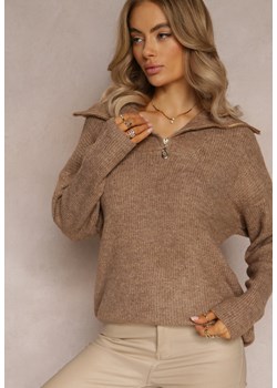 Ciemnobeżowy Golf Sweter z Długim Rękawem i Zapięciem na Suwak przy Szyi Naissava ze sklepu Renee odzież w kategorii Swetry damskie - zdjęcie 161844216