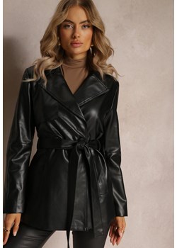 Czarny Wiązany Płaszcz Dwurzędowy Kurtka z Imitacji Skóry Primael ze sklepu Renee odzież w kategorii Płaszcze damskie - zdjęcie 161860965
