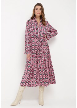 Fuksjowa Rozkloszowana Sukienka Koszulowa w Geometryczny Print Larissam ze sklepu Born2be Odzież w kategorii Sukienki - zdjęcie 161861077