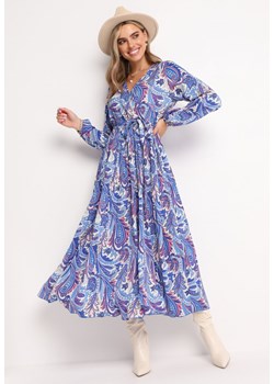 Granatowa Plisowana Sukienka z Gumką w Pasie i Wzorem Paisley Carella ze sklepu Born2be Odzież w kategorii Sukienki - zdjęcie 161863877