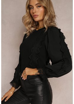 Czarny Sweter Ozdobiony Koronką i Bufiastymi Rękawami Vamilos ze sklepu Renee odzież w kategorii Swetry damskie - zdjęcie 161928876