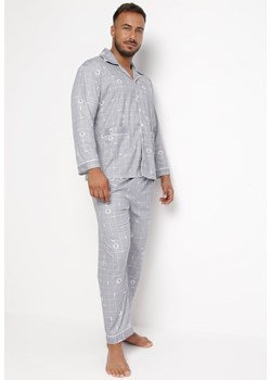 Szara Bawełniana 2-Częściowa Piżama w Modny Nadruk Zapinana Koszula i Spodnie na Gumce Timba ze sklepu Born2be Odzież w kategorii Piżamy męskie - zdjęcie 161962608