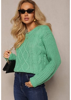 Zielony Sweter z Długim Rękawem i Ozdobnym Splotem Porafio ze sklepu Renee odzież w kategorii Swetry damskie - zdjęcie 161963176