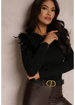 Czarny Sweter z Piórami i Koralikami Kaese ze sklepu Renee odzież w kategorii Swetry damskie - zdjęcie 162020369