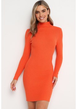 Pomarańczowa Dzianinowa Sukienka z Golfem w Prążki Yrenna ze sklepu Born2be Odzież w kategorii Sukienki - zdjęcie 162022135