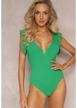 Zielone Body z Wycięciem i Falbankami z Haftem Eshawn ze sklepu Renee odzież w kategorii Bluzki damskie - zdjęcie 162025359
