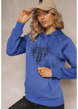 Granatowa Klasyczna Bluza z Nadrukiem na Przodzie i Kapturem Inalle ze sklepu Renee odzież w kategorii Bluzy damskie - zdjęcie 162076955
