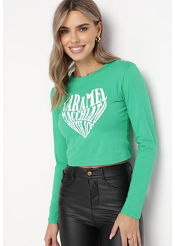 Zielona Bawełniana Bluzka z Długim Rękawem i Nadrukiem w Kształcie Serca Eloisse ze sklepu Born2be Odzież w kategorii Bluzki damskie - zdjęcie 162096868