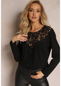 Czarna Bluzka z Bawełny Ozdobiona Koronką przy Dekolcie Sekeia ze sklepu Renee odzież w kategorii Bluzki damskie - zdjęcie 162098137