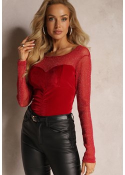Czerwona Welurowa Bluzka z Przezroczystą Siateczką i Marszczeniami Syello ze sklepu Renee odzież w kategorii Bluzki damskie - zdjęcie 162098167