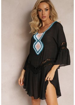 Czarna Luźna Sukienka Mini Narzutka z Szydełkowym Zdobieniem Elvin ze sklepu Renee odzież w kategorii Odzież plażowa - zdjęcie 162104335
