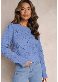 Niebieski Sweter o Klasycznym Fasonie Ozdobiony Kwiatami 3D z Tkaniny Loraxis ze sklepu Renee odzież w kategorii Swetry damskie - zdjęcie 162124978
