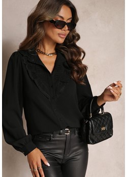 Czarna Koszula z Bufiastymi Rękawami i Falbanką Przy Dekolcie Satrive ze sklepu Renee odzież w kategorii Koszule damskie - zdjęcie 162125126