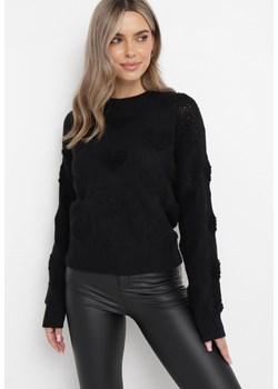 Czarny Sweter w Serca o Klasycznym Fasonie ze Ściągaczami Biriet ze sklepu Born2be Odzież w kategorii Swetry damskie - zdjęcie 162125279