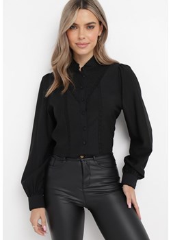 Czarna Koszula z Bufiastym Rękawem i Ażurowymi Wstawkami Torvore ze sklepu Born2be Odzież w kategorii Koszule damskie - zdjęcie 162125608