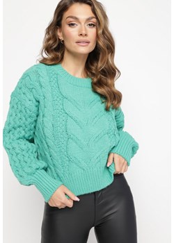Zielony Wełniany Sweter z Warkoczykowym Splotem Venqille ze sklepu Born2be Odzież w kategorii Swetry damskie - zdjęcie 162142187