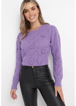 Fioletowy Sweter z Aplikacją 3D w Kształcie Kwiatów Trismos ze sklepu Born2be Odzież w kategorii Swetry damskie - zdjęcie 162142247