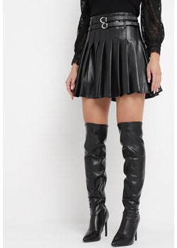 Czarna Plisowana Mini Spódnica z Ekoskóry z Dwoma Paskami i Klamrami Conthara ze sklepu Born2be Odzież w kategorii Spódnice - zdjęcie 162142337