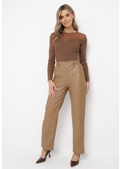 Beżowe Spodnie Regular z Imitacji Skóry Tinubara ze sklepu Born2be Odzież w kategorii Spodnie damskie - zdjęcie 162160799