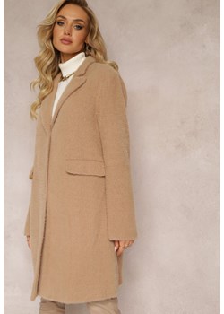 Beżowy Płaszcz z Puchatej Dzianiny na Napy Erisse ze sklepu Renee odzież w kategorii Płaszcze damskie - zdjęcie 162163666