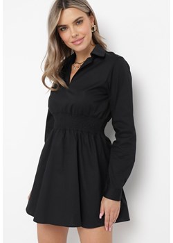 Czarna Bawełniana Mini Sukienka z Gumką w Talii o Rozkloszowanym Fasonie z Kołnierzykiem Nevisse ze sklepu Born2be Odzież w kategorii Sukienki - zdjęcie 162235538