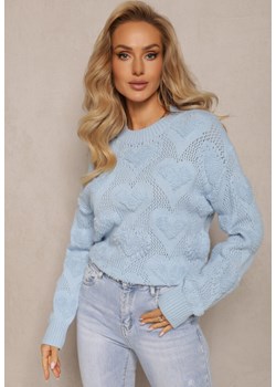 Jasnoniebieski Klasyczny Sweter ze Splotem w Serca i Ściągaczami Miadove ze sklepu Renee odzież w kategorii Swetry damskie - zdjęcie 162235808