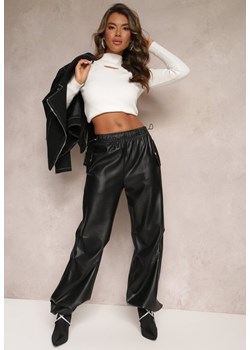 Czarne Szerokie Spodnie z Gumką w Talii z Imitacji Skóry Aeralin ze sklepu Renee odzież w kategorii Spodnie damskie - zdjęcie 162235928
