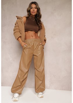 Beżowe Szerokie Spodnie z Gumką w Talii z Imitacji Skóry Aeralin ze sklepu Renee odzież w kategorii Spodnie damskie - zdjęcie 162235938