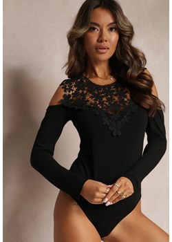 Czarne Body z Bawełny Ozdobione Koronką i Wycięciami Gefina ze sklepu Renee odzież w kategorii Bluzki damskie - zdjęcie 162236007