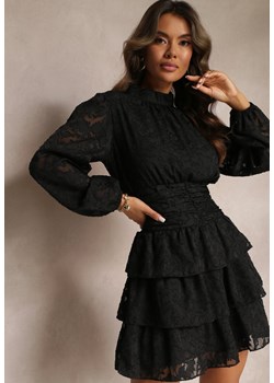 Czarna Koronkowa Sukienka Taliowana z Falbankami Odrasja ze sklepu Renee odzież w kategorii Sukienki - zdjęcie 162236127