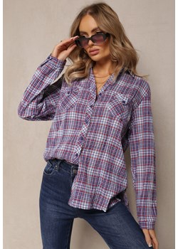 Granatowa Koszula w Kratę z Kołnierzem Bassmakke ze sklepu Renee odzież w kategorii Koszule damskie - zdjęcie 162268875