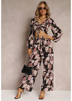 Czarny Komplet 2-częściowy z Bluzką i Spodniami w Kwiatki Nillia ze sklepu Renee odzież w kategorii Komplety i garnitury damskie - zdjęcie 162291049