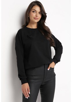 Czarna Bawełniana Bluza z Kwiatem Beniaminna ze sklepu Born2be Odzież w kategorii Bluzy damskie - zdjęcie 162303836
