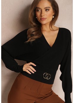 Czarny Kopertowy Sweter z Wycięciem na Plecach i Klamerką Vophe ze sklepu Renee odzież w kategorii Swetry damskie - zdjęcie 162318237