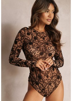 Beżowe Body z Siateczki Ozdobione Nadrukiem z Weluru Castillo ze sklepu Renee odzież w kategorii Bluzki damskie - zdjęcie 162350127