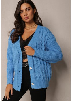 Niebieski Dzianinowy Kardigan Zapinany w Warkoczykowy Splot Notysa ze sklepu Renee odzież w kategorii Swetry damskie - zdjęcie 162355236