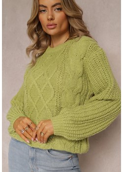 Jasnozielony Sweter z Długim Rękawem i Ozdobnym Splotem Porafio ze sklepu Renee odzież w kategorii Swetry damskie - zdjęcie 162402217