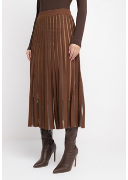 Brązowa Plisowana Spódnica Midi ze Wstawkami z Siateczki Tullara ze sklepu Born2be Odzież w kategorii Spódnice - zdjęcie 162407026